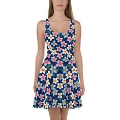 Dress to impress with this sleeveless skater dress! The soft fabric and flared skirt give it an elegant twist that brings out the intricate design with a beautiful vibrancy. * 82% polyester, 18% spandex * Fabric weight: 6.78 oz/yd² (230 g/m weight may vary by 5% * Smooth and elastic fabric * Mid-thigh length flared skirt * Elastic waistline * Overlock seams, coverstitch hemline * Blank product components sourced from China Fitted A-line Sleeveless Dress For Beach, Summer Floral A-line Party Dress, Fitted A-line Sleeveless Dress For Vacation, Flowy A-line Summer Sundress, Floral Print Fit And Flare A-line Mini Dress, Fitted Flared Skirt Midi Dress For Summer, Flowy A-line Summer Mini Dress, Summer Fit And Flare Dress With Flared Skirt, Flowy A-line Sleeveless Beach Dress