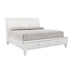 a white bed with two drawers underneath it