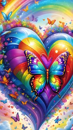 a heart shaped painting with butterflies and rainbows in the background, as well as a rainbow