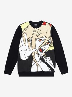 How does it feel to have a sweatshirt featuring a Nobel Prize winner? Power's ready to join up in your anime wardrobe with this Chainsaw Man crewneck sweater  featuring a jumbo print of the Blood Fiend on the front.60% cotton; 40% polyesterWash cold; dry lowImportedListed in men'sunisex sizes Harajuku Crew Neck Sweater With Letter Print, Winter Crew Neck Sweatshirt With Character Print, Harajuku Crew Neck Sweater With Cartoon Print, Black Anime Print Hoodie With Crew Neck, Black Anime Print Crew Neck Hoodie, Character Print Hoodie For Streetwear, Black Crew Neck Hoodie With Anime Print, Harajuku Style Character Print Sweatshirt For Streetwear, Fall Anime Print Crew Neck Top