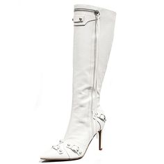 Be The Center Of Attention In These Stylish Pointed Toe Knee High Boots New In Box Faux Leatherette Material Silver Studded Details Stiletto Heels Lightly Padded Insole Pointy Toe Side Zipper For Easy Shoe Removal Heel Height: Approx 4 In. Fitting: True To Size. Regular Fit. Elegant White Knee-high Heeled Boots, Chic White Knee-high Heeled Boots, White Knee-high Boots For Spring, Elegant White Knee-high Boots, White Leather High Heel Knee-high Boots, White High Heel Knee-high Boots For Winter, White Pointed Toe Knee-high Boots For Fall, Elegant White Knee-high Boots With Pointed Toe, Chic White Knee-high Boots For Formal Occasions