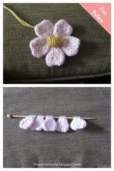 crocheted flowers are shown on the back of a piece of fabric, and one is