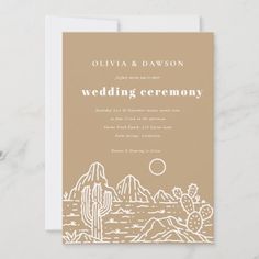 the desert wedding ceremony card is shown