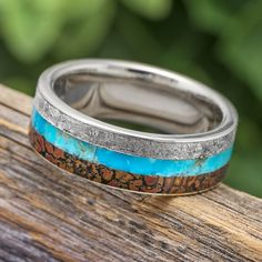 Meteorite and Titanium Wedding Band with Turquoise Turquoise Wedding Jewelry, Meteorite Engagement Ring, Meteorite Rings, Mens Wedding Rings Unique, Turquoise Wedding Band, Dinosaur Bone Ring, Meteorite Wedding Band, Turquoise Ring Engagement, Wedding Band For Men