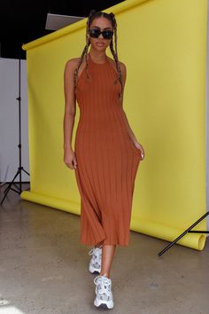 Racerback Dress Outfit, Tan Mules, Brunch Dates, Racerback Dress, Weekend Brunch, We Are Love, Clothing Tags, Iron Material, Knit Midi Dress