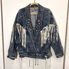 Vintage Denim Western Jacket Leather Fringe Studded Bling Cowboy Acid Wash Size Large Great Vintage Condition Winter Festival Denim Jacket, Trendy Winter Festival Denim Jacket, Trendy Medium Wash Outerwear For Festival, Winter Festival Medium Wash Denim Jacket, Denim Blue Jacket For Fall Festival, Trendy Long Sleeve Denim Jacket For Festivals, Blue Long Sleeve Denim Jacket For Festival, Trendy Denim Outerwear For Festivals, Trendy Denim Festival Outerwear