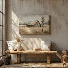 a wooden bench sitting in front of a window next to a painting on the wall