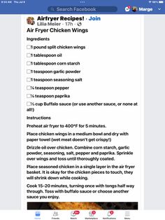 an image of the air fryer chicken wings recipe on facebook, with instructions for cooking