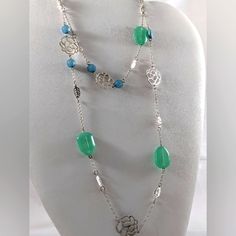 This Is A Delicate, Lightweight Chain And Bead Necklace. Silver Tone Roses, Leaves, And Acrylic Beads That Remind You Of The Colors Of The Ocean. Nwot (I Have 2 Available) Elegant Blue Long Chain Necklace, Elegant Long Blue Chain Necklace, Elegant Blue Beaded Chain Necklace, Elegant Blue Beaded Necklace With Adjustable Chain, Elegant Blue Metal Chain Necklace, Elegant Blue Beaded Necklaces With Chain, Blue Long Necklace For Gift, Elegant Turquoise Long Necklace For Gift, Blue Beaded Long Necklace With Adjustable Chain