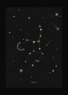 the zodiac sign virgo in the night sky with stars and crescents on it