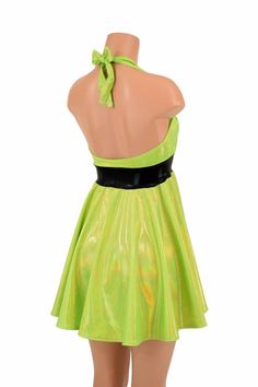 "This item is made to order, please read all the way through the listing before purchasing! This flowy dress is made of sparkling neon green holographic spandex with beautiful gold shimmer! <3 The halter top is darted and ties behind the neck, the hemline is circle cut. Black mystique waistband provides contrast to the piece. Length: 17\" measured from the waist to the hemline. We can create this dress from any other fabric in our shop, just ask! --- Womens Sizing (See below for instructions Green Stretch Dress For Party Season, Green Stretch Dresses For Party Season, Stretch Green Dresses For Party Season, Green Stretch Mini Dress For Party Season, Green Mini Dress For Costume Party, Fitted Rave Party Dresses, Neon Yellow Fitted Mini Dress For Party, Neon Yellow Mini Party Dress, Lime Green Summer Party Dress