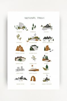 a poster with the national parks in brown, green and white on top of a wooden crib