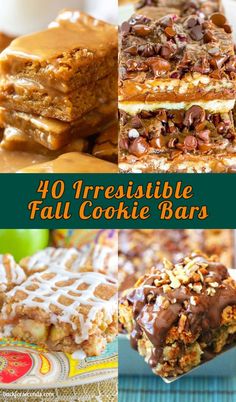 some desserts are stacked on top of each other with the words, 40 irresistibleible fall cookie bars