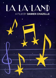 the poster for la la land is shown with musical notes, stars and trebles