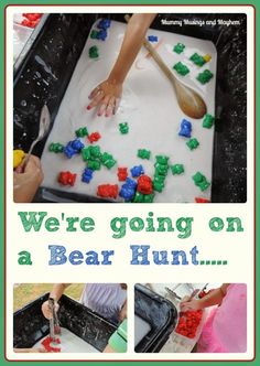 there is a collage of pictures with words on it that say, we're going on a bear hunt