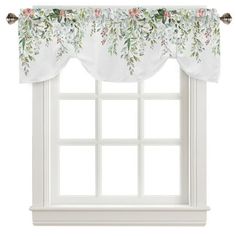 a window with white curtains and flowers on the valance, in front of an open window