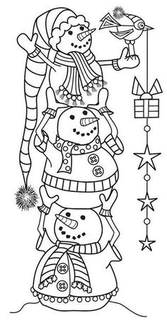 a black and white drawing of three snowmen on top of each other, one is holding