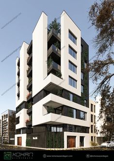 an apartment building with balconies and plants on the top floor is shown in this rendering