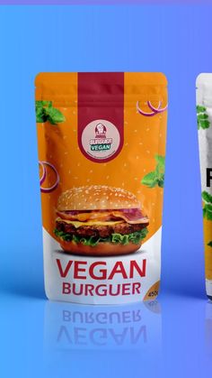 two bags of vegan burger next to each other on a blue and white background