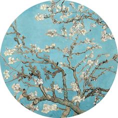 an almond tree in blossom against a blue sky with the branches painted white and brown