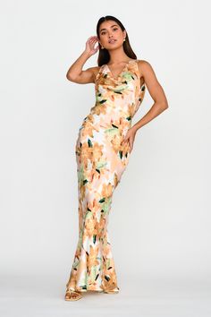 a woman in a floral print dress poses for the camera with her hands on her hips