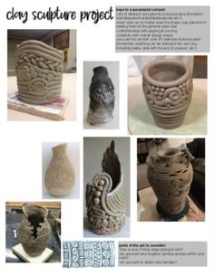 an advertisement for clay sculpture project with images of vases and other items in it