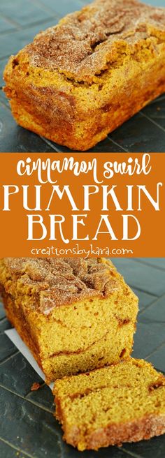 cinnamon swirl pumpkin bread on a cooling rack with text overlay that reads, cinnamon swirl pumpkin bread