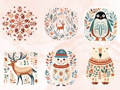 four polar bear, deer and snowflake designs on a pink background with watercolor paint