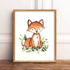 a watercolor painting of a red fox sitting on top of a wooden table next to a white wall