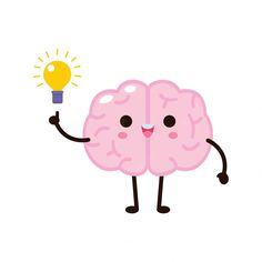 a cartoon brain with arms and legs holding a lightbulb in its right hand