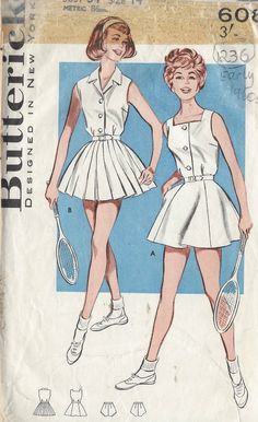 ~ Circa/Date:  EARLY 1960s ~ Details:  Two style variation TENNIS DRESS ~ Size/Measurements: 14 ~ Bust: 34″ ~ Waist: 26″ ~ Hip: 36″  (Inches) ~ Please Note: ~ You are buying a 'Professional Reproduced' copy of this sewing pattern. Copied from the original sewing pattern. Produced in Full Scale Pattern Pieces ready to cut with full instructions included. Reproduced on high quality 50 gm paper with black ink, durable and easier for reuse. Printed by a Professional Printing Company.   ~ With this product comes an accompanying 'Booklet' and inside the Booklet it includes: ~ A 2-page Instructions and Illustrations on 'How to Adjust Your pattern to your Personal Measurement.' ~ Personal Measurement Chart ~ Body Form Illustrations ~ Fitting Checklist ~ Metric Equivalency Chart ~ Note Pages ~ Fabr Vintage Sleepwear, Retro Tennis, Tennis Art, Vintage Vogue Sewing Patterns, 1960s Dresses, Fashion Illustration Vintage, Vintage Dress Patterns, Vogue Sewing, Folding Beds