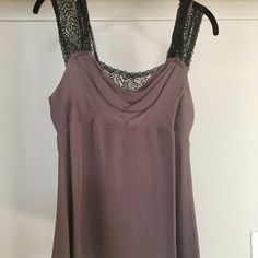 New Without Tags. Bcbgmaxazria Taupe Silk And Black Lace Overlay Camisole Sexy Top That Is Perfect For A Night Out Or To Layer Under A Jacket For That Polished Yet Playful Look. Cowl Neck With Peekaboo Black Lace And Black Lace Overlay On Shoulder Straps. Women's Size M Fabric Content: 100% Silk Overlay; 100% Silk Lining Chic Lace Cami Top With Built-in Bra, Stretch Camisole With Built-in Bra For Date Night, Chic Sleeveless Lace Top With Built-in Bra, Cami Top With Built-in Bra For Evening, Spring Evening Tank Top With Built-in Bra, Evening Lace Top Camisole, Elegant Sleeveless Lace Top With Built-in Bra, Evening Cami Tank Top With Lace Trim, Evening Lace Trim Camisole Tank Top