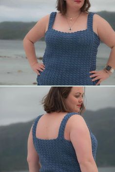 a woman wearing a blue crochet tank top standing in front of a body of water