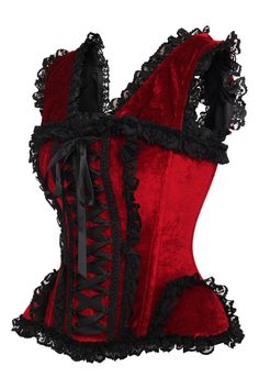 Overbust corset made of velvet and lace fabrics 10 Spiral Steel boned with 2 Flat steel bones Delicate lace detailing Ribbon tie closure at back for cinching Privacy Panel Lined Hand Wash Red Corset With Boning, Elegant Red Underbust Corset, Red Underbust Corset With Boning, Gothic Velvet Underbust Corset, Red Gothic Overbust Corset, Dark Red Velvet, Role Play Costume, Lace Fabrics, Steel Boned Corsets