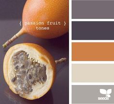 an orange and some sort of fruit with the words passion fruit tones on it's side