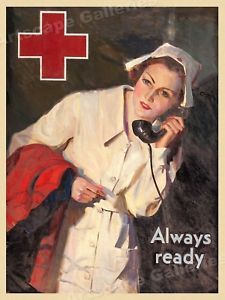 a painting of a nurse holding a red cross telephone to her ear and talking on the phone