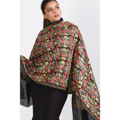 "Our Sabari Embroidered Wool Shawl features rich crewel embroidery. This shawl is a showstopper incorporating all the colors of the season. The black base shows off the beautiful orange, olive, bronze. Full length finished with an embroidered band. Made by Sevya Handmade, known for it's precision and quality. Great for work or cocktail. Pulls your outfits together. Worn as a shawl, or scarf double wrapped. Extremely versatile.  Suitable for any occasion. The perfect gift for the holidays. You could appreciated and remembered for years to come.  Fabric:  Soft blend of 80% wool and 20% polyester. Feels great against your skin.   This classically beautiful shawl is produced in Northern India, skilled in the intricate embroidery traditions. Price: $102.00 Size: One size  Dimensions: 78\" l x 2 Float Dress, Black Shawl, Embroidered Wool, Short Kimono, Crewel Embroidery, Wool Shawl, Intricate Embroidery, Embroidered Tunic, Mixing Prints