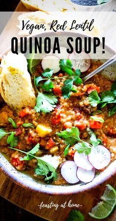 a bowl of quinoa soup with bread on the side and text overlay