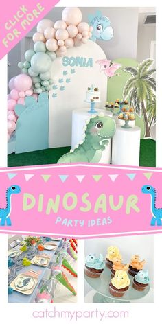 a dinosaur party with balloons and cupcakes