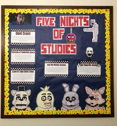 a bulletin board with five nights of studies written on it and cartoon characters in the background