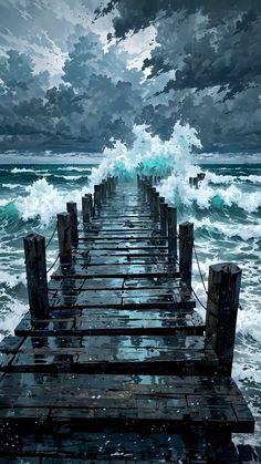 a painting of a pier in the ocean with waves crashing over it and dark clouds