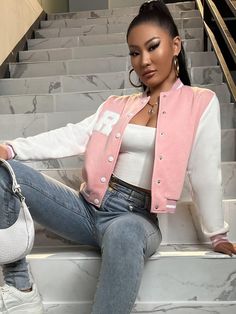 Pink Casual Collar Long Sleeve Fabric Colorblock,Letter Varsity Embellished Slight Stretch Spring/Fall Women Clothing Sweater Jacket Outfits, Varsity Outfit, Varsity Jacket Outfit, Graphic Jackets, Varsity Jacket Women, Jacket Outfit Women, College Jackets, Cute Preppy Outfits, Pink Jacket