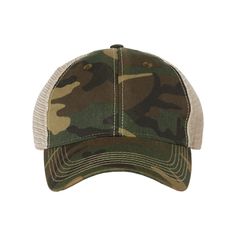 the camo trucker hat is made from cotton and features an adjustable mesh back