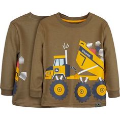 The John Deere Dump Truck Long-Sleeve T-Shirt features a dump truck wrap around screen print. Set-in rib neck and cuffs for ease and comfort. It's made from 100% cotton jersey for a soft feel. 100% Cotton Jersey Sizes 2T, 3T, 4T Tag Free