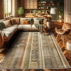 a living room filled with lots of furniture next to a large rug on top of a hard wood floor