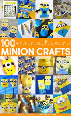 a collage of minion crafts with the title overlay that reads, 100 creative minions crafts