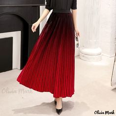 Olivia Mark - Professional Velvet Gradient Pleated Skirt - Midi and Maxi Lengths Gradient Clothes, Velvet Pleated Skirt, Red Gradient, Red Maxi, Pleated Maxi Skirt, Half Skirt, Pleated Midi Skirt, Skirt Design, Types Of Skirts