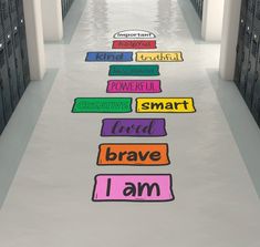 Classroom Hopscotch, Classroom Rugs Kindergarten, Affirmation Hopscotch, School Murals Hallways, Hopscotch Ideas, Painted Decks, School Hallway Decorations, Hopscotch Game, Concrete Pavement