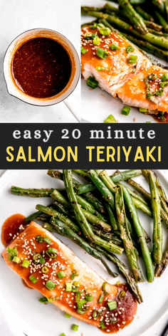 salmon, asparagus and green beans on a white plate with the title easy 20 minute salmon teriyaki