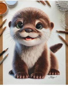 a drawing of a baby otter with green eyes